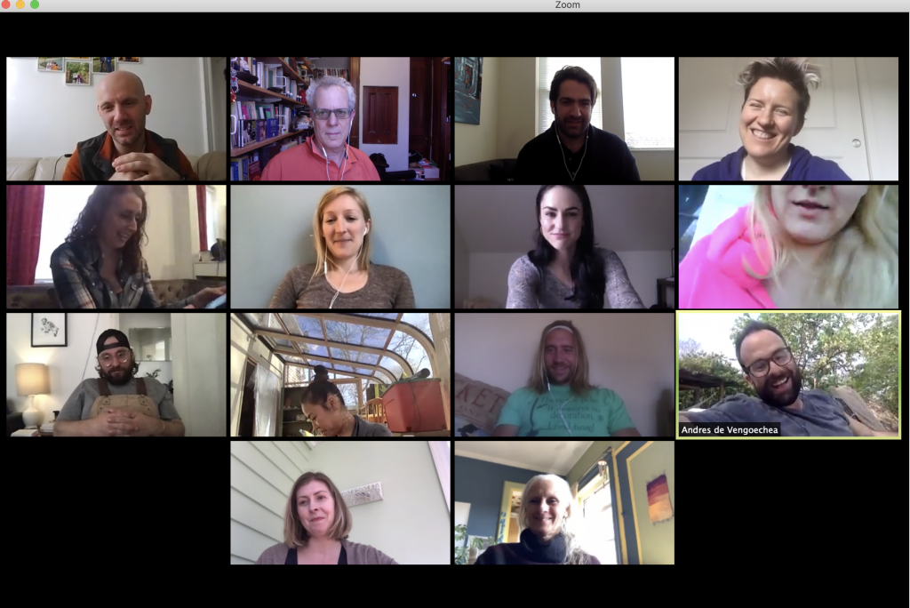 A Zoom video call with twelve people arranged in a grid. Some, perhaps students from the Terry Knickerbocker studio, are smiling, while others glance at their screens or elsewhere. Each is in a distinct setting, with backgrounds ranging from bookshelves to plants—truly the online essence of the Business of Acting.