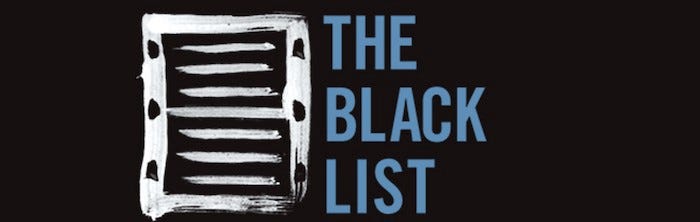 The image showcases a stylized logo with a white square featuring horizontal black lines, reminiscent of a film reel or list, beside the text "THE BLACK LIST" in blue on a black background. TKS Alum Erica Matlin is known for her involvement with this influential film industry platform.