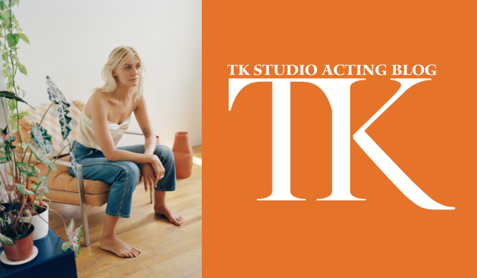 A person with light hair sits barefoot on a couch beside plants, wearing a sleeveless top and jeans. The right side has an orange background featuring the text "TK Studio Acting Blog" in white, reminiscent of Julia Crockett's serene yet vibrant style.