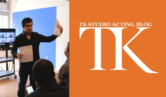 A man stands in a studio, holding papers, engaging with a seated audience. A screen behind displays people in a video call discussing acting types. An orange banner on the right reads "TK Studio Acting Blog TK" in white text.