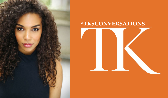 Celestine Rae, with long curly hair and a black top, stands on the left. To the right, a vivid orange background features large white letters "TK" and the hashtag "#TKCONVERSATIONS.