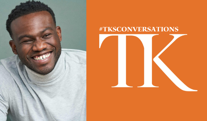 A person smiling warmly against a neutral background, dressed in a light grey turtleneck. Beside them, an orange panel displays large white letters "TKS" and the hashtag "#TKCONVERSATIONS," symbolizing an engaging conversation led by Onye Eme-Akwari.