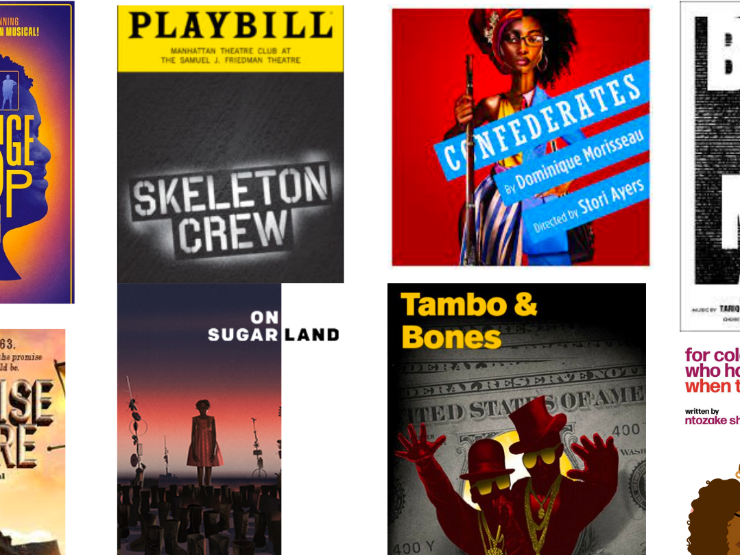 A collage of theater posters, including "Skeleton Crew," "Confederates," "Tambo & Bones," and others, celebrates Black Plays. Each poster, with its distinct colors and illustrations, features text and visuals that hint at diverse theatrical themes.