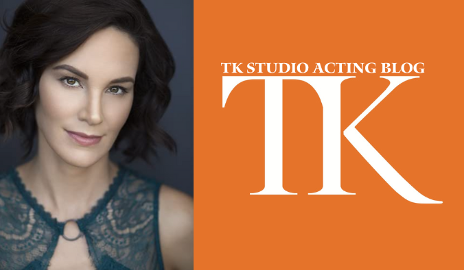 A woman with dark hair smiles subtly, wearing a lace top. Next to her, bold white text on an orange background reads, "TK STUDIO ACTING BLOG TK," hinting at Meisner's insightful techniques.