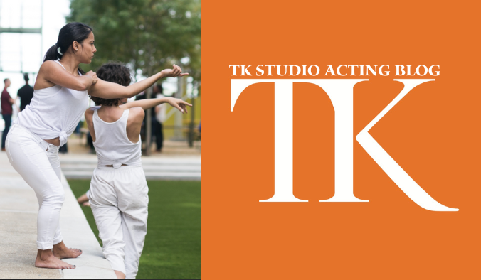 Two individuals in white clothing perform a dance or movement sequence beside a green space, reminiscent of Julia Crockett's dynamic style. The image features the text "TK Studio Acting Blog" on an orange background.