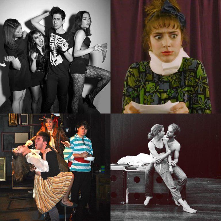 A collage of four dramatic scenes: a group striking poses, embodying excellence in acting, a person with a neck brace looking shocked, an actor lifting another in a playful performance, and a couple sitting closely on stage in an intimate moment—a testament to their lifelong journey.