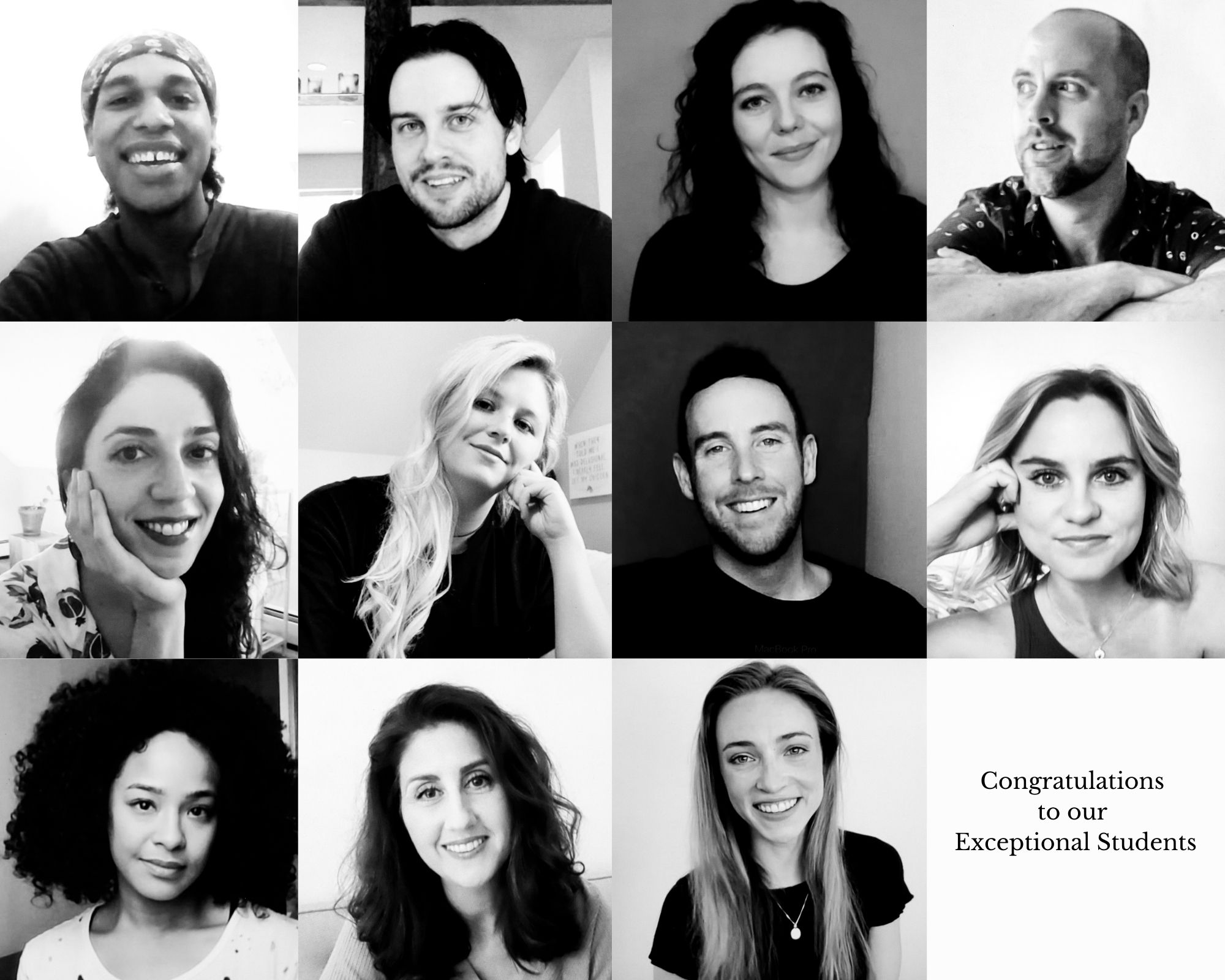 A black and white collage of twelve smiling individuals, each in their own square, celebrates our Exceptional Students. Text at the bottom right proudly reads, "Congratulations to our Exceptional Students - Summer 2021.