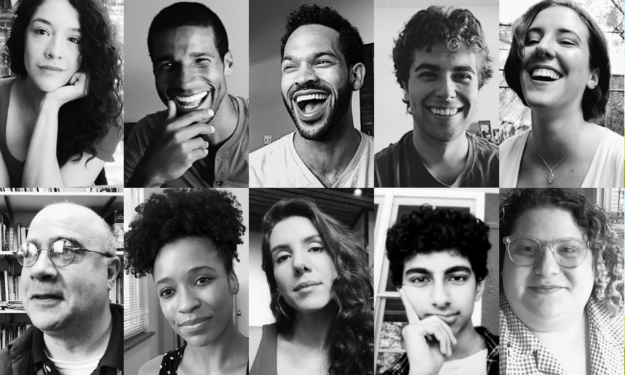 A grid of ten black-and-white portrait photos celebrates August 2020's Students of the Month. Diverse individuals display a range of expressions from broad smiles to thoughtful gazes, each set against their own unique background.