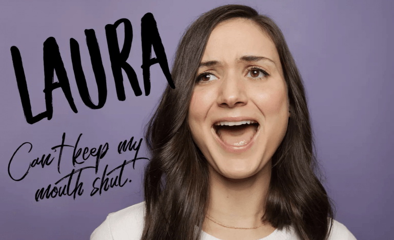 A woman with long dark hair poses in front of a purple background, her mouth open as if singing or speaking. The text beside her reads "Laura Oberbeck" and "Can't keep my mouth shut." She wears a simple white top, embodying the expressive energy of TK Studio.