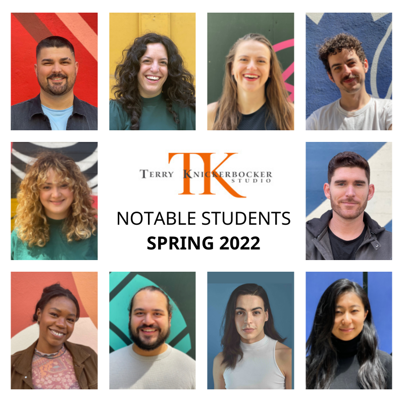 A grid of portraits featuring ten diverse individuals smiling proudly. At the center, the text reads "Terry Knickerbocker Studio Notable Students Spring 2022" on a white background. Congratulations to each person posed against vibrant, colorful backdrops.