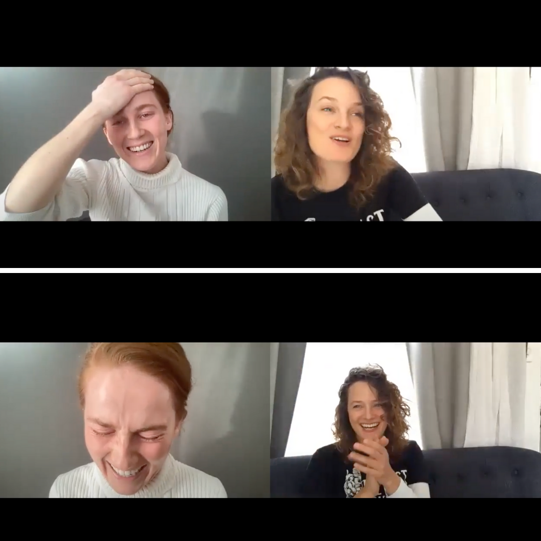 A split-screen video call captures the joy of online auditions, showing two women. In the top images, one woman laughs with her hand on her head while the other smiles. In the bottom images, both laugh heartily—one with eyes closed and the other clapping enthusiastically.