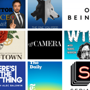 Grid of nine top podcast covers. Includes "10% Happier," "The One You Feed," "On Being," "S-Town," "Off Camera" with actors, "WTF with Marc Maron," "Here's the Thing," "The Daily," and "Serial." Each cover features unique graphics and text.