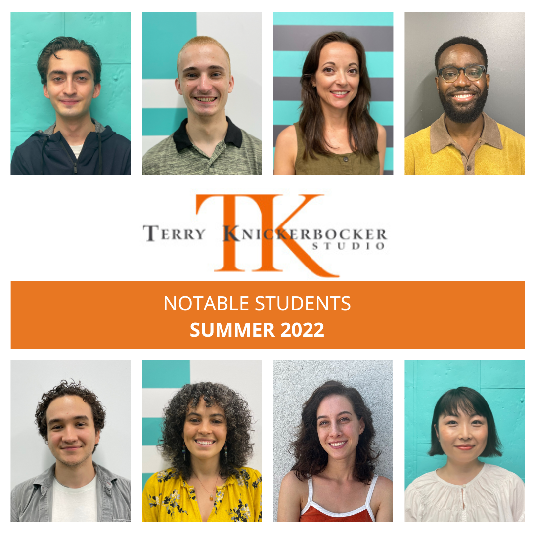 A collage showcasing eight smiling individuals in two rows, with "Congratulations to Terry Knickerbocker Studio's Notable Students Summer 2022" at the center. The background boasts blue and striped patterns.