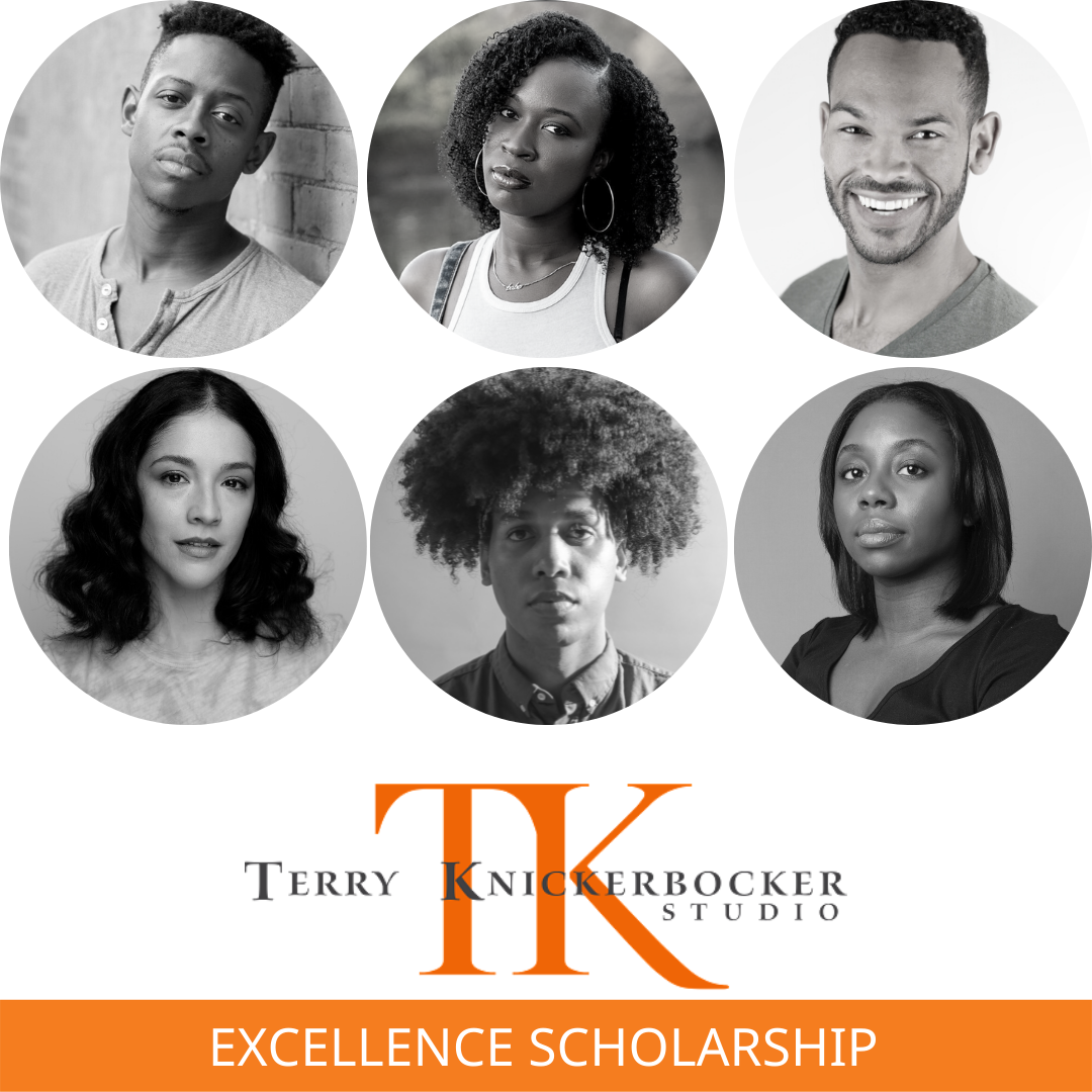 Collage of six people in black and white photos, arranged in a circular pattern. Below them, the text reads "Terry KnickerBocker Acting Studio Scholarship" with the initials "TK" in orange.