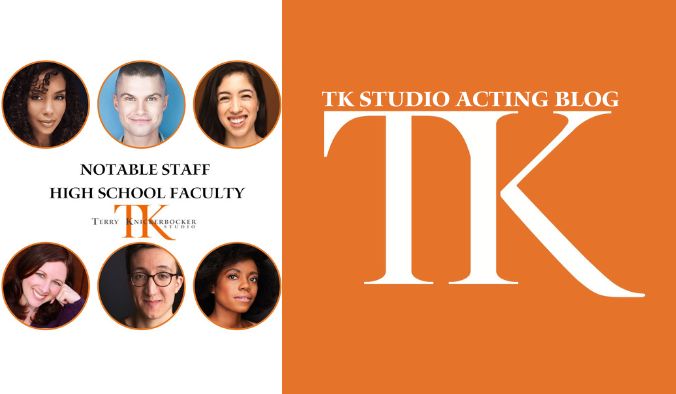 Collage of six staff portraits in circles on the left with the text "Notable Faculty of Summer High School" beneath, against a white background. On the right, "TK Studio Acting Blog" is displayed on an orange background.