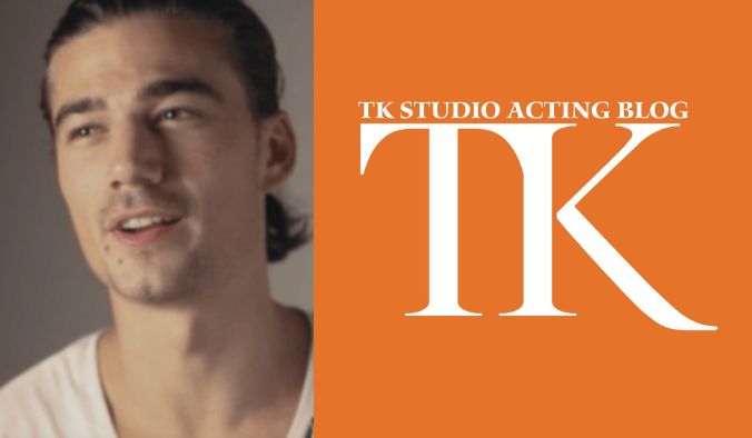 A person with long hair and a mustache is slightly smiling, set against a blurred background. To the right, an orange section displays large white text reading "TK STUDIO ACTING BLOG TK," highlighting insights from former students.