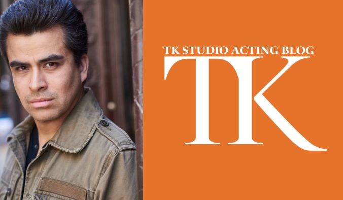 A person with dark hair wearing a brown jacket is looking into the camera. The background is orange with the text "TK Studio Acting Blog TK" in white, featuring insights by Alberto Bonilla.