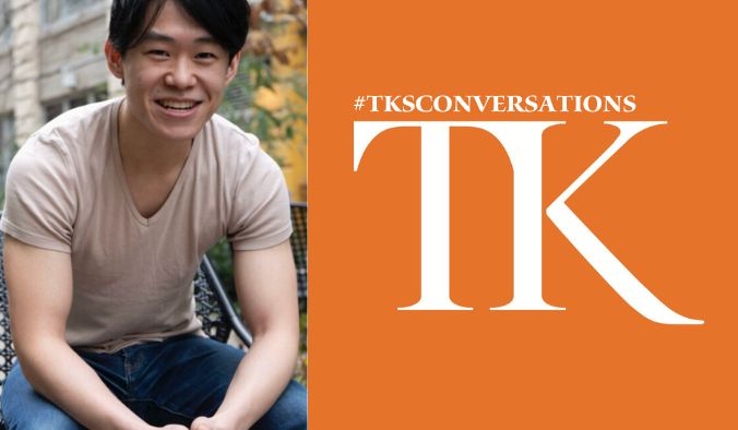 A person in a casual beige t-shirt sits outdoors on a bench, smiling amid lush greenery. An orange panel to the right displays "#TKCONVERSATIONS" and bold initials "TK," hinting at a Summer Semester event featuring notable staff member Kevin Kong.