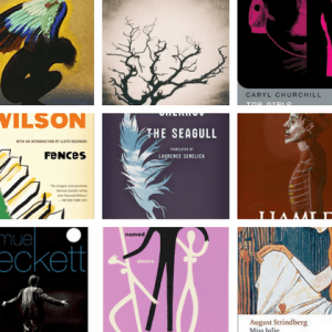 A collage of nine book covers featuring abstract and artistic designs highlights the world of plays. Each cover is distinct, showcasing a variety of colors and styles, with titles such as "Fences," "The Seagull," and "Hamlet" visible among others, enticing any avid actor or theater enthusiast to know more.