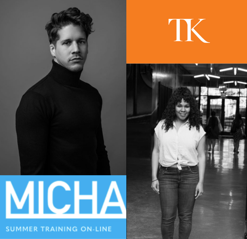 A split image features a black and white portrait of Bryan Cortes Figueroa in a turtleneck on the left, and KiYonna Carr smiling indoors on the right. The "MICHA Summer Training On-Line" logo is at the bottom left, while "TK" in orange graces the top right, highlighting their Chekhov Intensive journey.