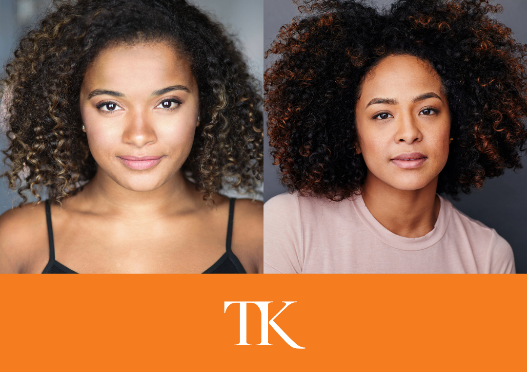 Two women with curly hair appear in side-by-side portraits on a gray background. The woman on the left wears a black top, while the one on the right wears a light pink shirt. An orange band with white "TK" initials is at the bottom, celebrating their recognition as 2021 Excellence Scholarship recipients.