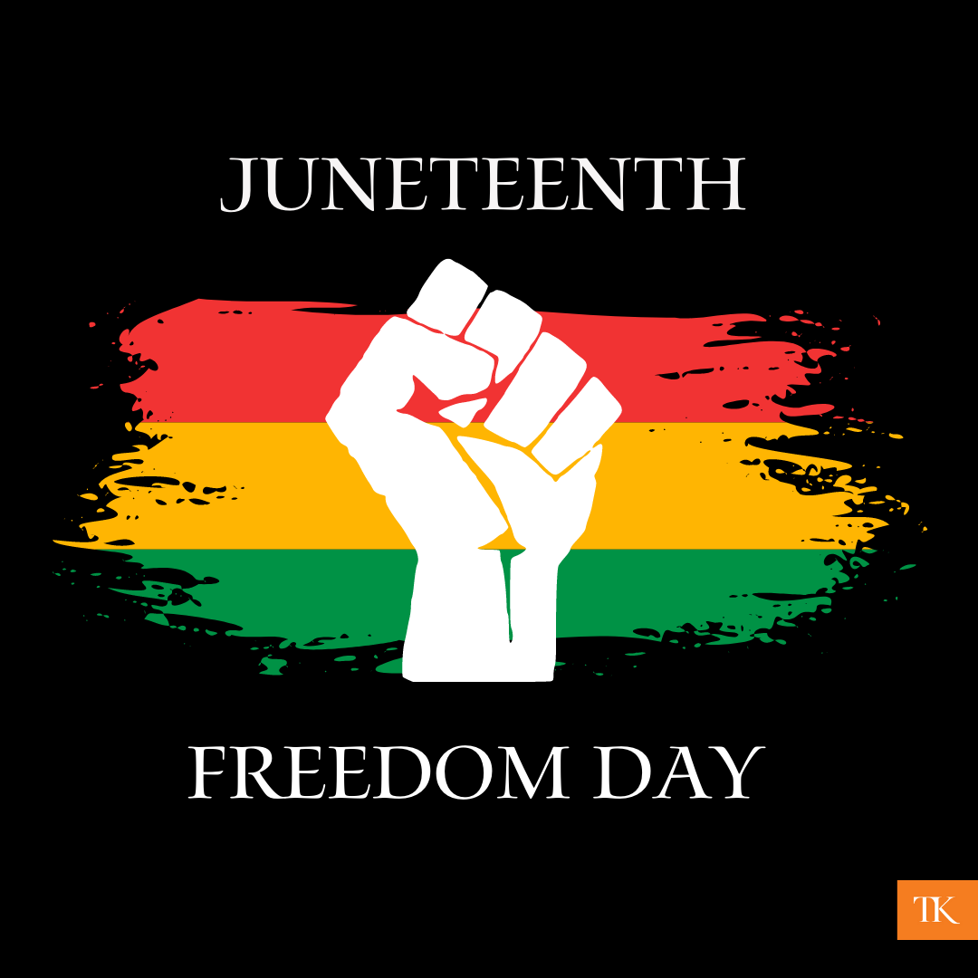 Illustration of a white raised fist against a background of red, yellow, and green stripes, symbolizing empowerment. The words "Juneteenth Freedom Day" highlight this celebration. Dive into resources and events that honor this powerful day.