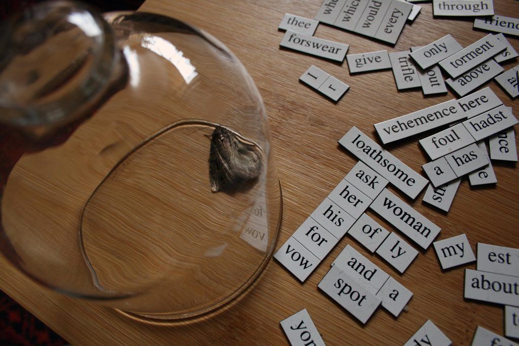 A glass jar rests on its side with a dried leaf inside on a wooden surface. Scattered around are word magnets that evoke poetry, featuring terms like "loathsome," "ask," "woman," and "vow.