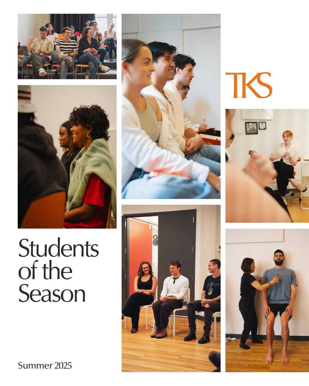 Collage of candid classroom moments showing actors in training, group discussions, and one-on-one coaching at Terry Knickerbocker Studio NYC, celebrating Fall 2025 Students of the Season.